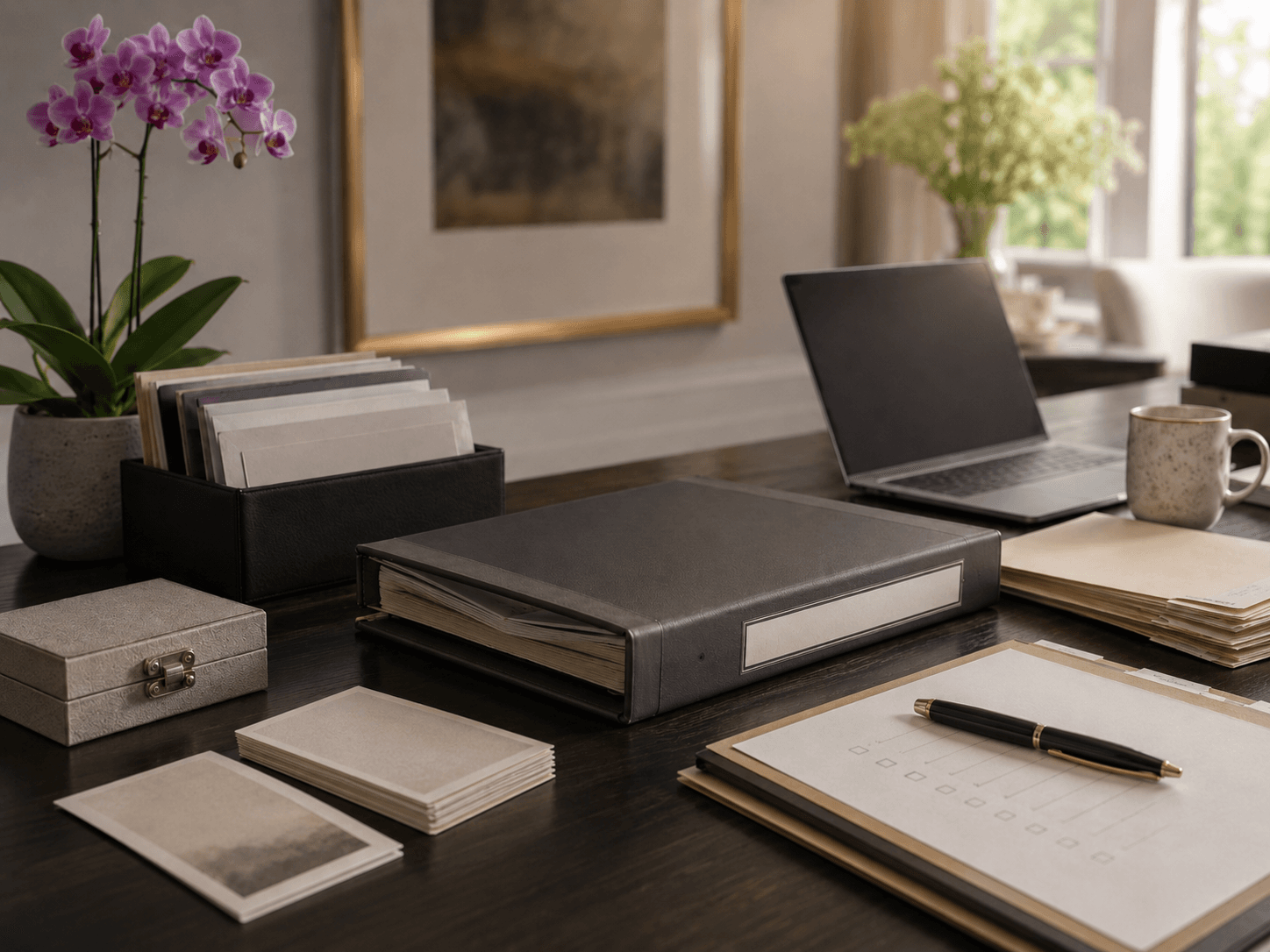 Estate binder, keepsake box, and document checklist on a home office table