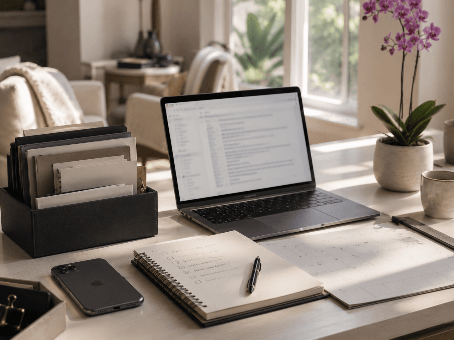 A calm home office setup with organized folders and a family update workspace