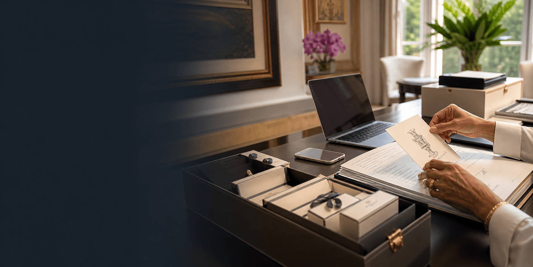 A discreet estate organization and home technology workspace in a refined Los Angeles residence